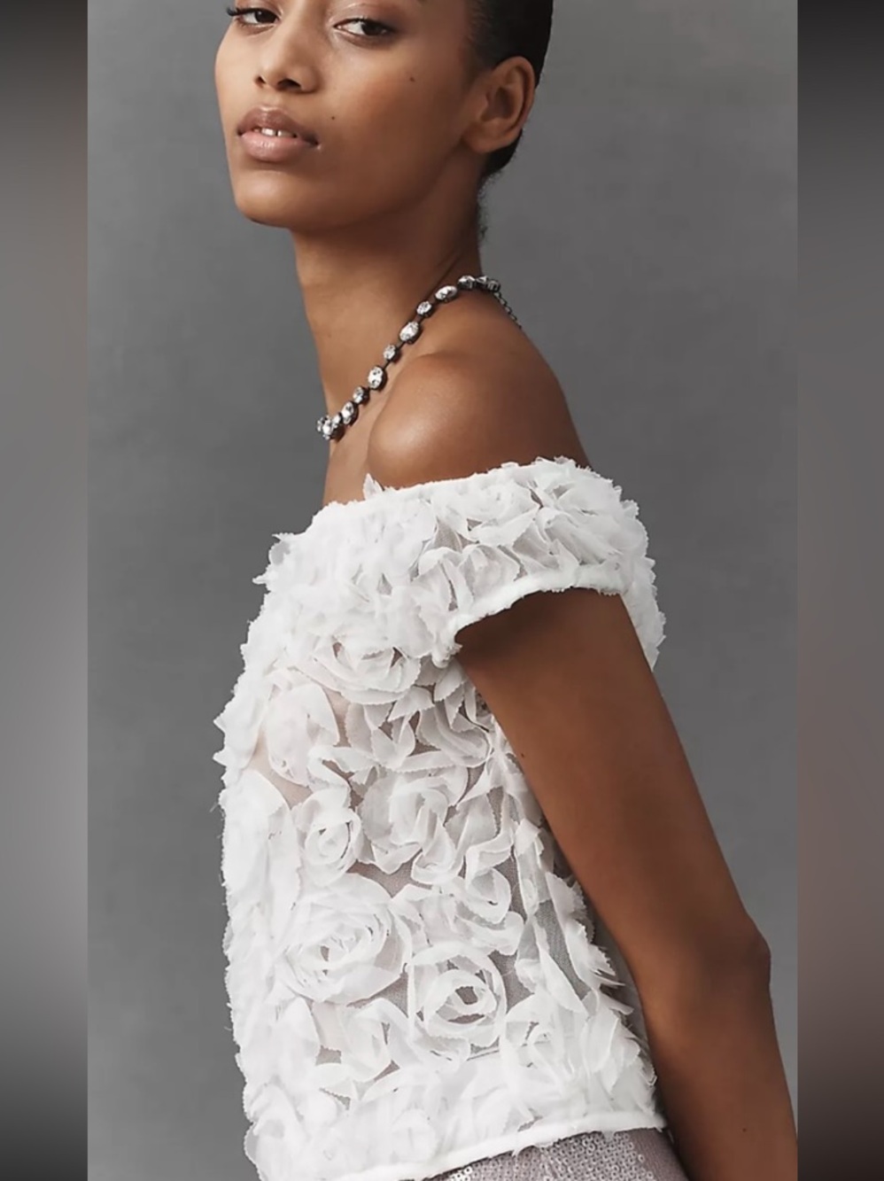 Maeve White  Off-Shoulder Rosette  Appliqué Top